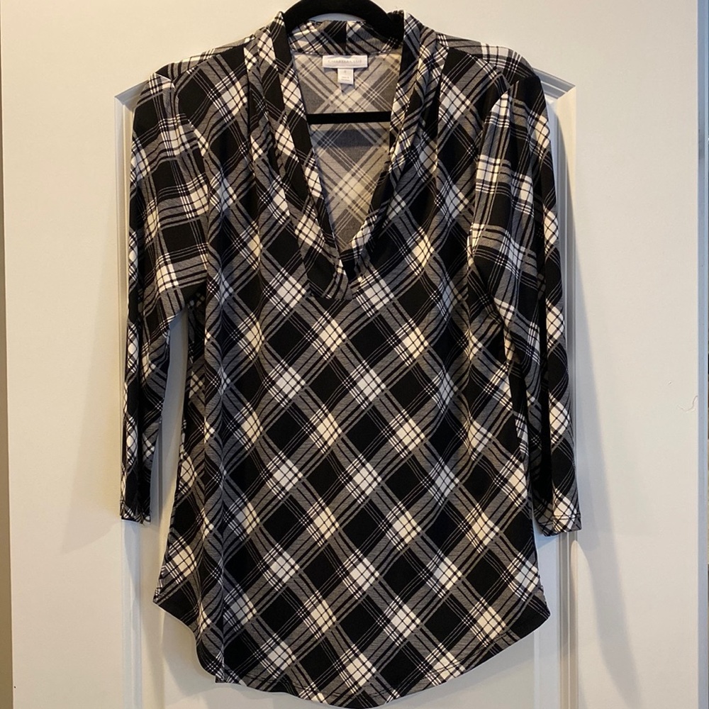 Black and white plaid patterned blouse